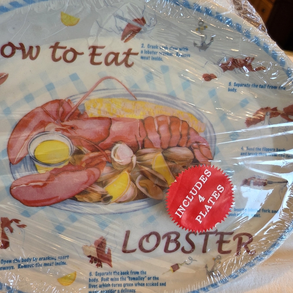 Vintage Set of 4 How to Eat Lobster Oval 13"x10" Plastic Plate/ Maine/Rustic - Picture 4 of 11